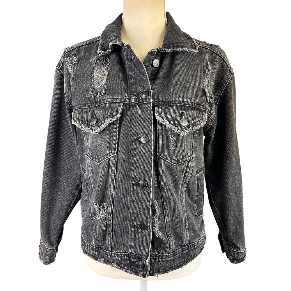 No Boundaries Jean Jacket Women Size XS Black Distressed Destroyed Grunge Denim